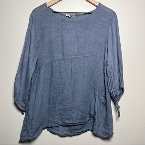 Lin Blanc‎ Women 100% Linen Tunic Top Small Blue Pocket Lagenlook Oversized 38
